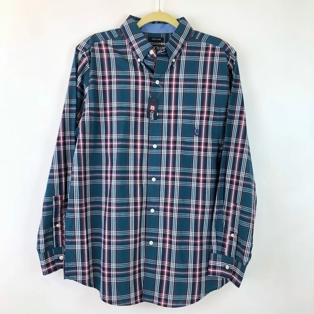 New Chaps Easy Care Plaid‎ Button Front Shirt Med
